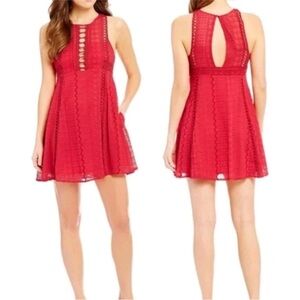 Free People Wherever you Go, Mini-Dress Red embroidered lace